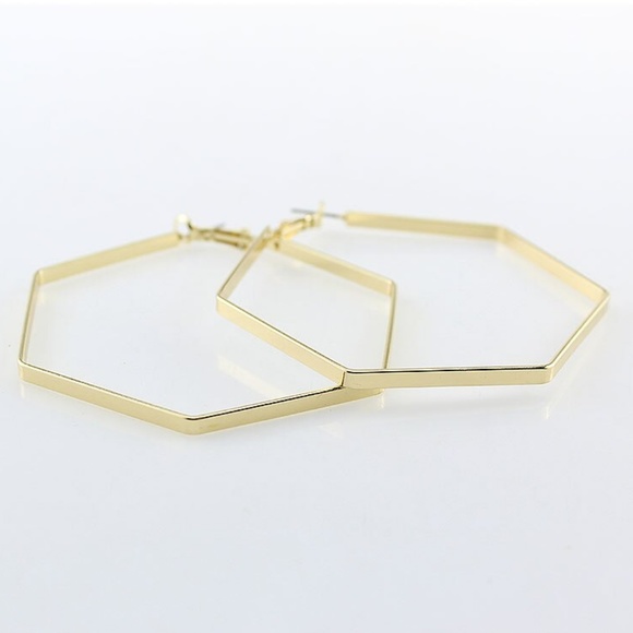 Large Polygon hoop drop gold earrings - Picture 2 of 4